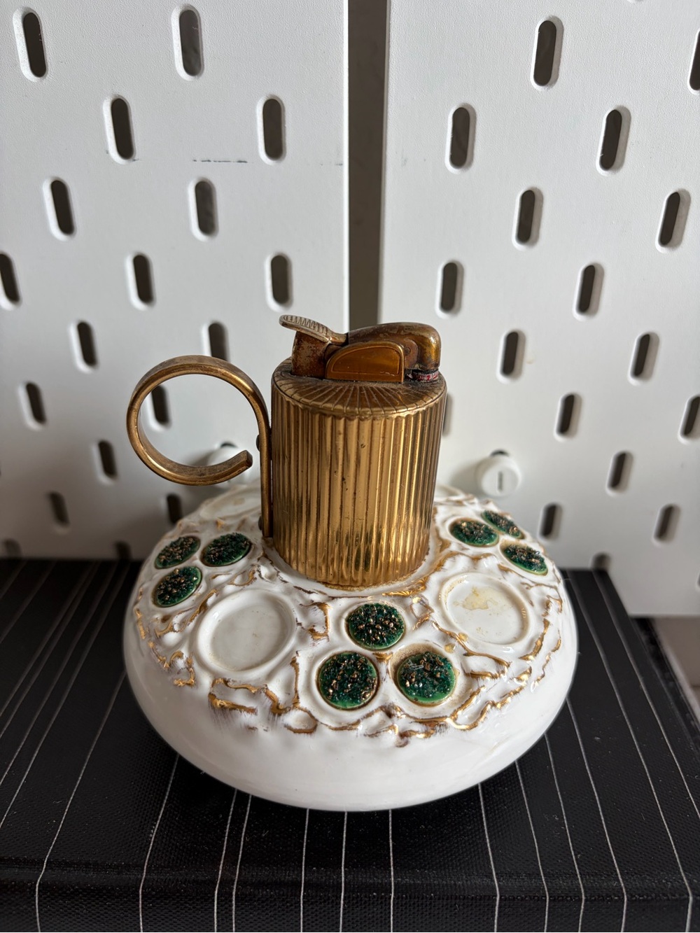 Vintage 1950s Evans Bone China Table Lighter Green Gold MCM Smoking Decor